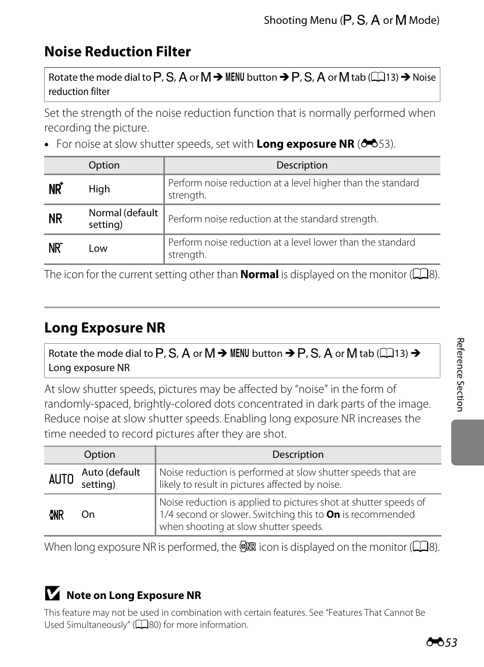 Noise reduction filter, Long exposure nr, E53) to | Nikon P7100 User Manual | Page 179 / 260