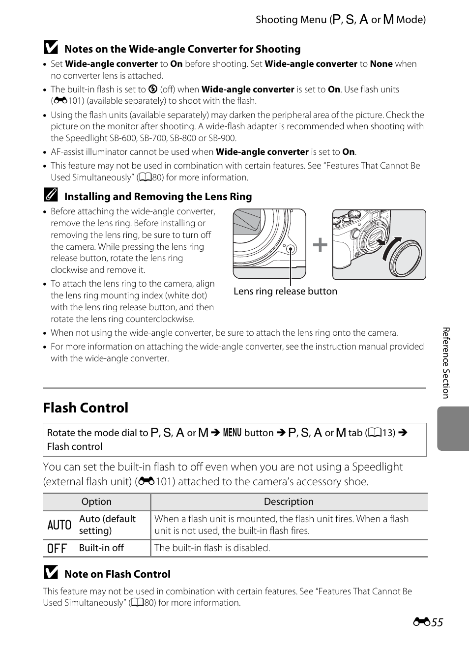 Flash control, E 55 | Nikon P7100 User Manual | Page 181 / 260