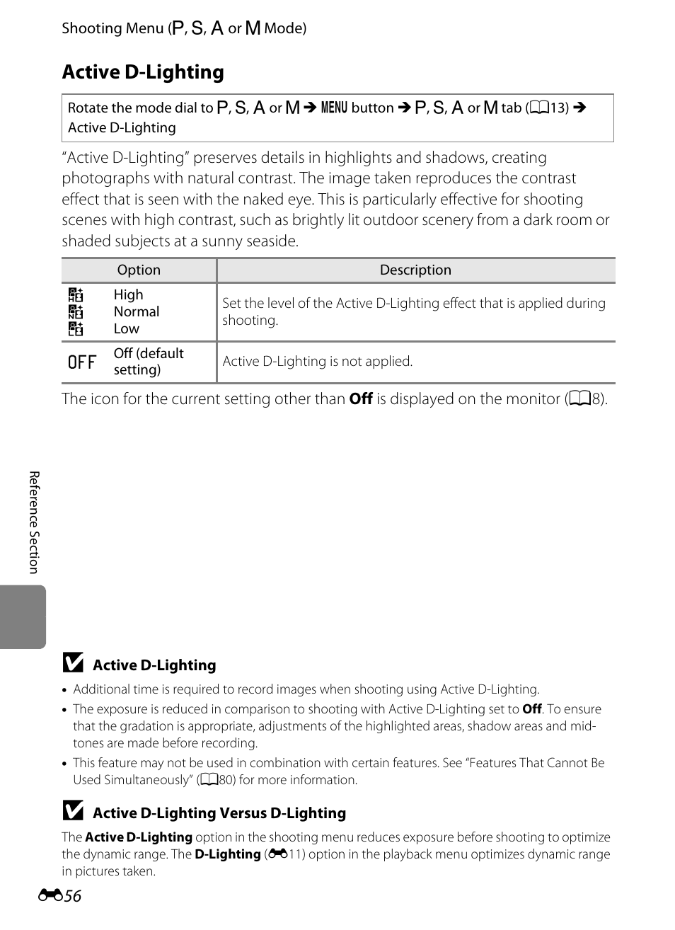 Active d-lighting, E 56 | Nikon P7100 User Manual | Page 182 / 260