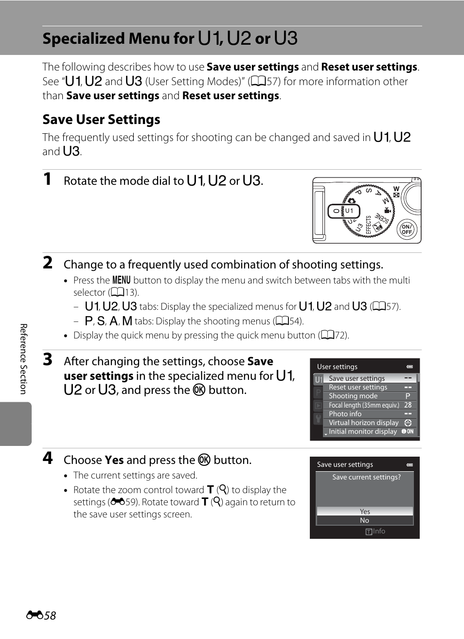 Specialized menu for u1, u2 or u3, Save user settings, Specialized menu for | E58), shooting, E58 for mo, E, f or n, Specialized menu for e , f or n | Nikon P7100 User Manual | Page 184 / 260