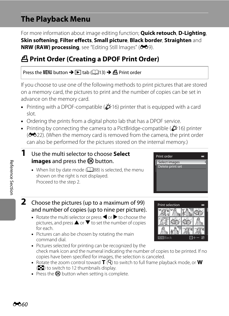 The playback menu, Print order (creating a dpof print order), A print order (creating a dpof print order) | Playback menu” (e60), E60) op, E60), E 60 | Nikon P7100 User Manual | Page 186 / 260