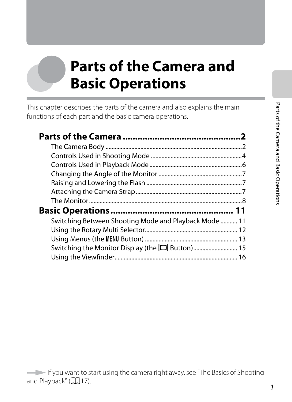 Parts of the camera and basic operations, Ns, see “parts of the camera and basic operations, Parts of the camera | Basic operations | Nikon P7100 User Manual | Page 19 / 260