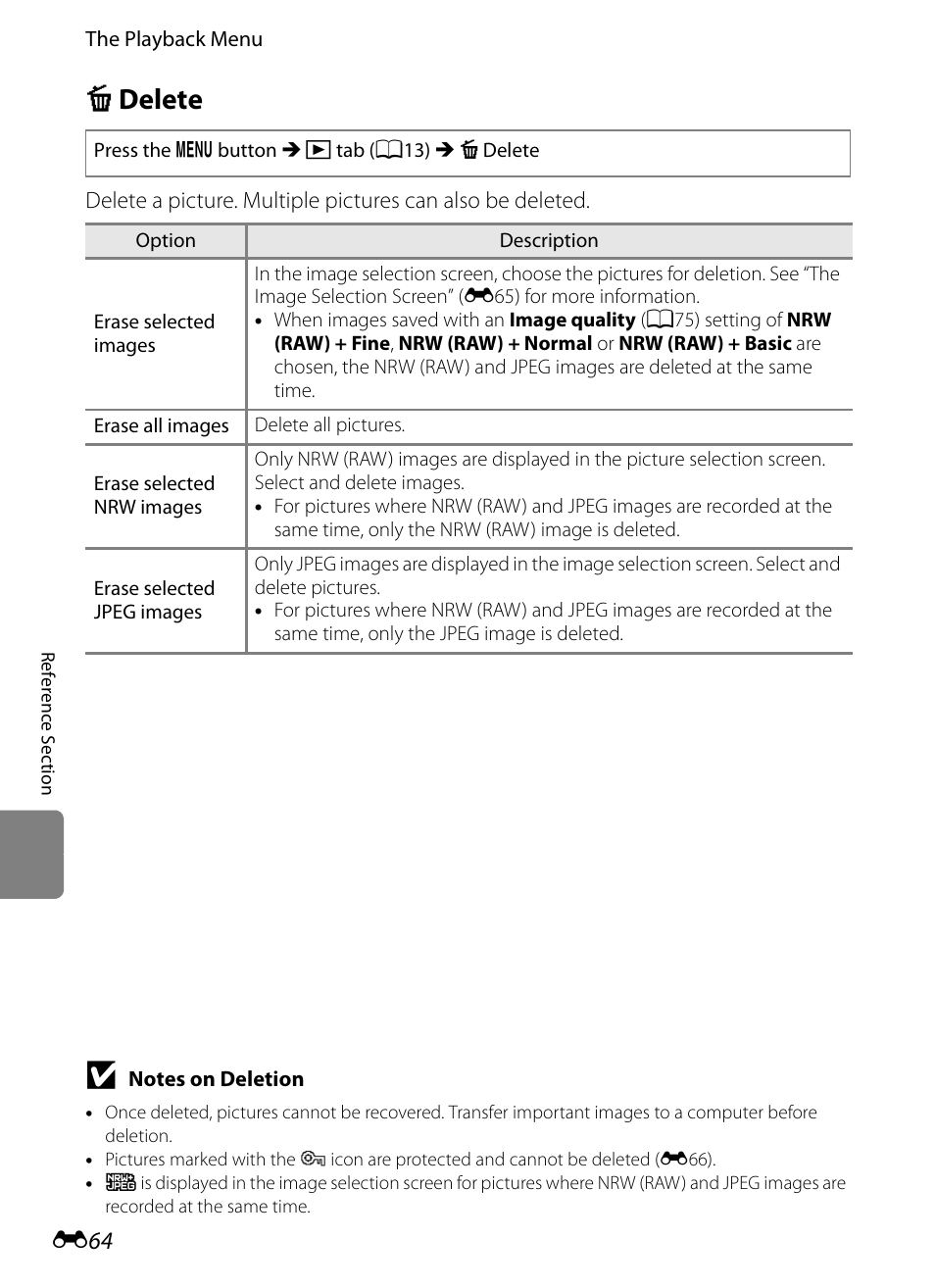 Delete, C delete, E 64 | Nikon P7100 User Manual | Page 190 / 260