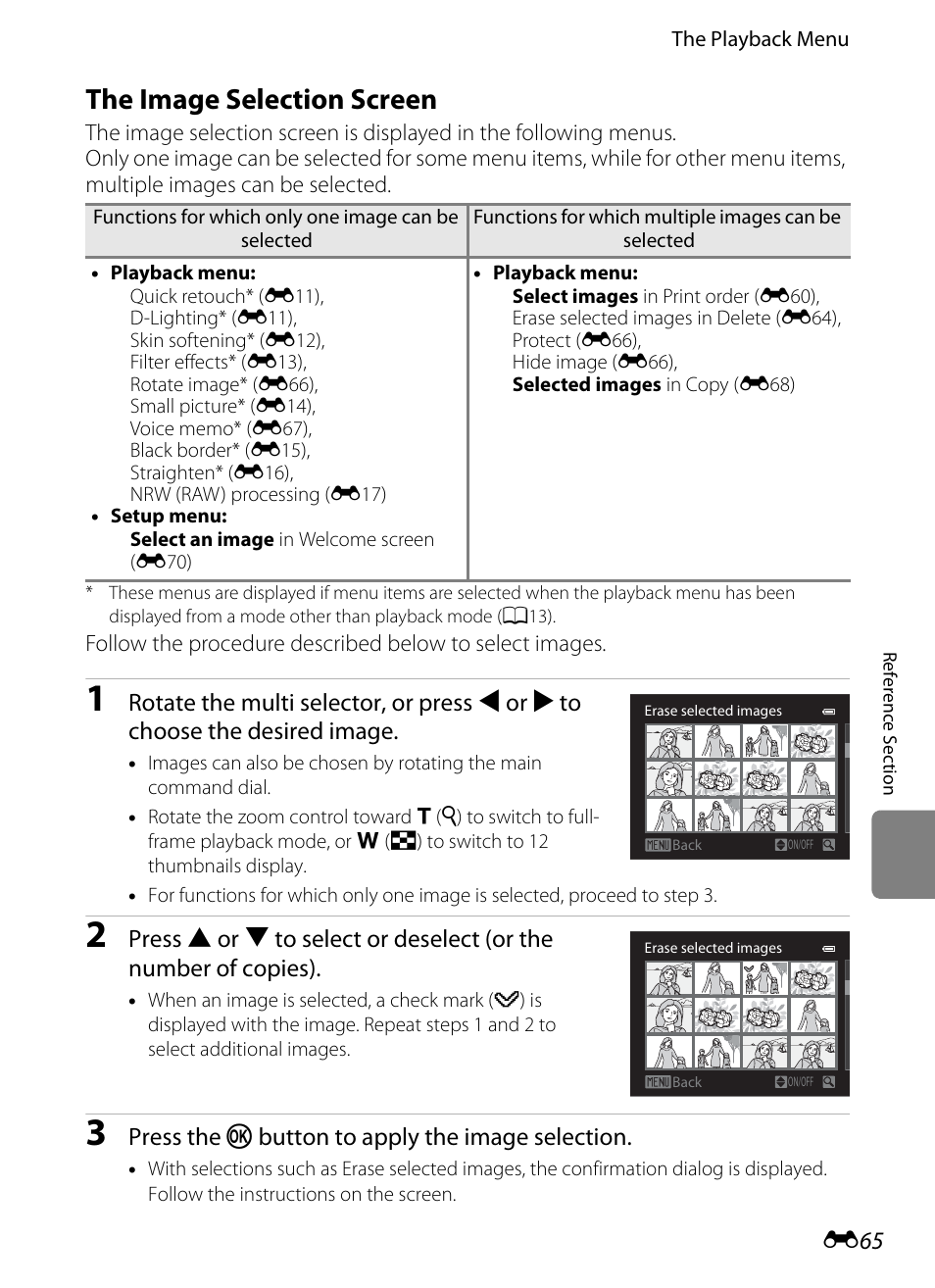 The image selection screen, E “the image selection screen, E65) | Nikon P7100 User Manual | Page 191 / 260