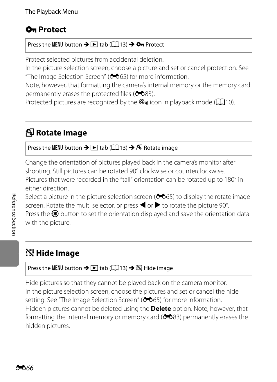 Protect, Rotate image, Hide image | D protect, F rotate image, I hide image, E66) | Nikon P7100 User Manual | Page 192 / 260