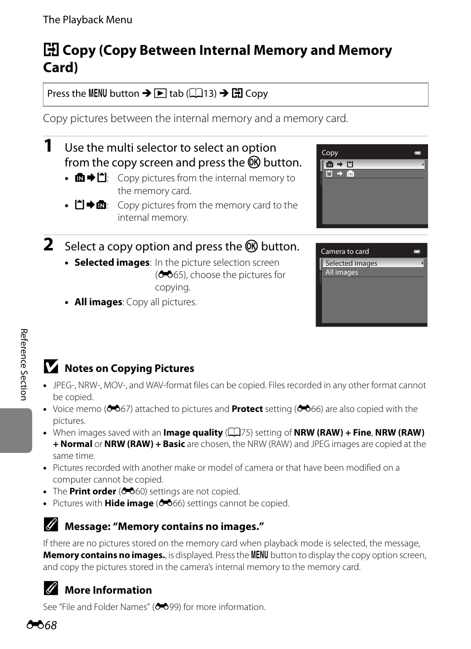 E 68, Select a copy option and press the k button | Nikon P7100 User Manual | Page 194 / 260