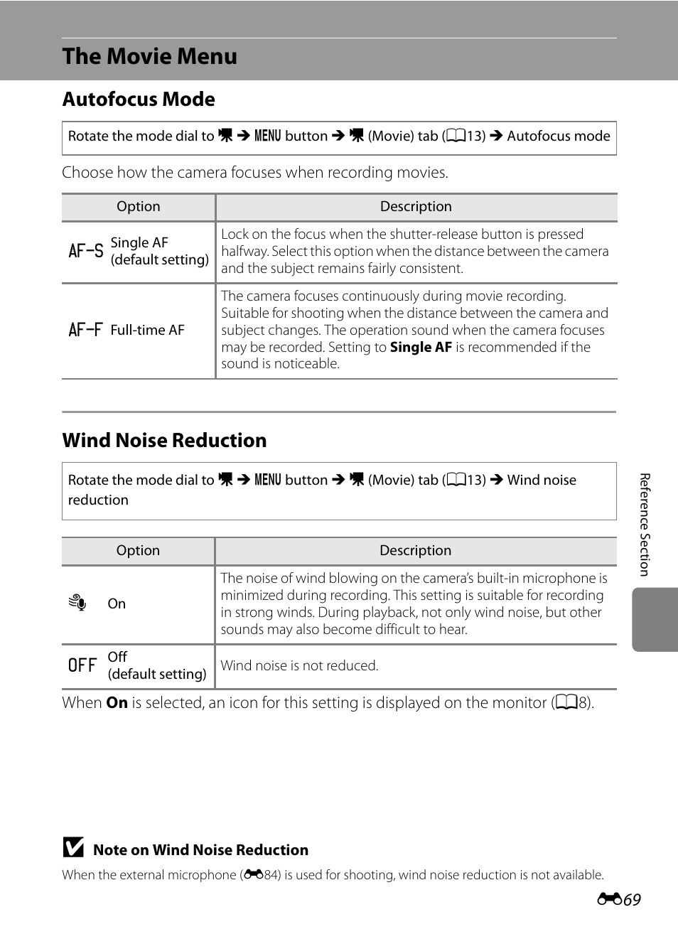 The movie menu, Autofocus mode, Wind noise reduction | E69) in | Nikon P7100 User Manual | Page 195 / 260