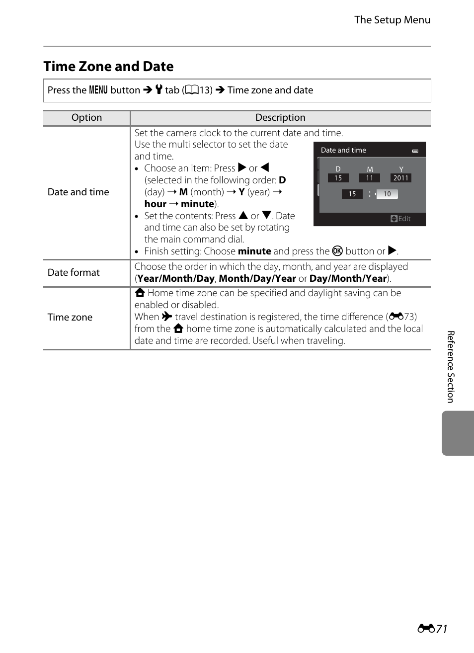 Time zone and date, E 71 | Nikon P7100 User Manual | Page 197 / 260