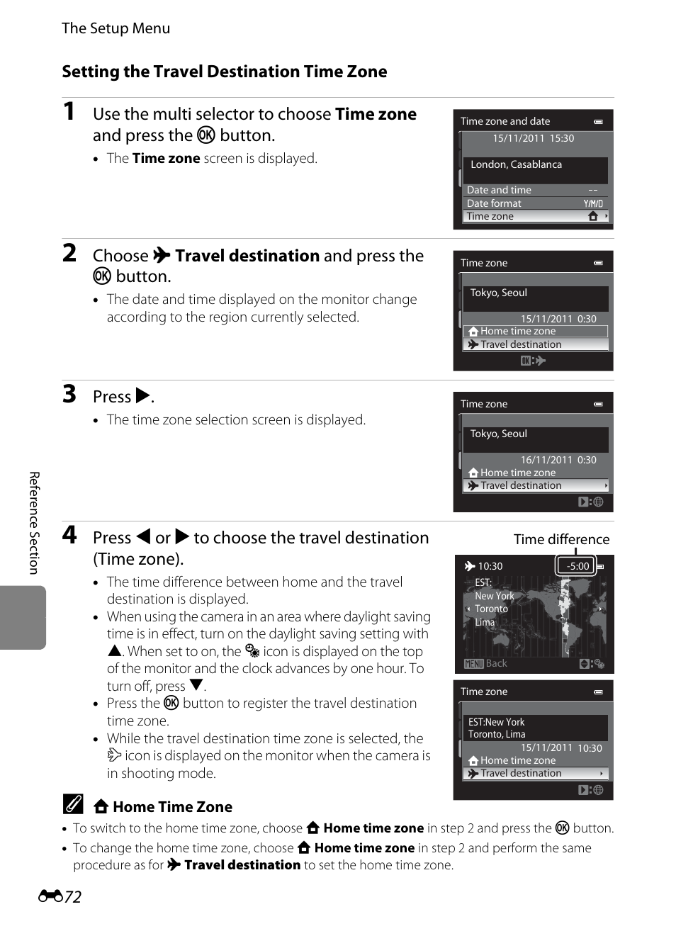 E 72, Setting the travel destination time zone, Choose x travel destination and press the k button | Press k | Nikon P7100 User Manual | Page 198 / 260