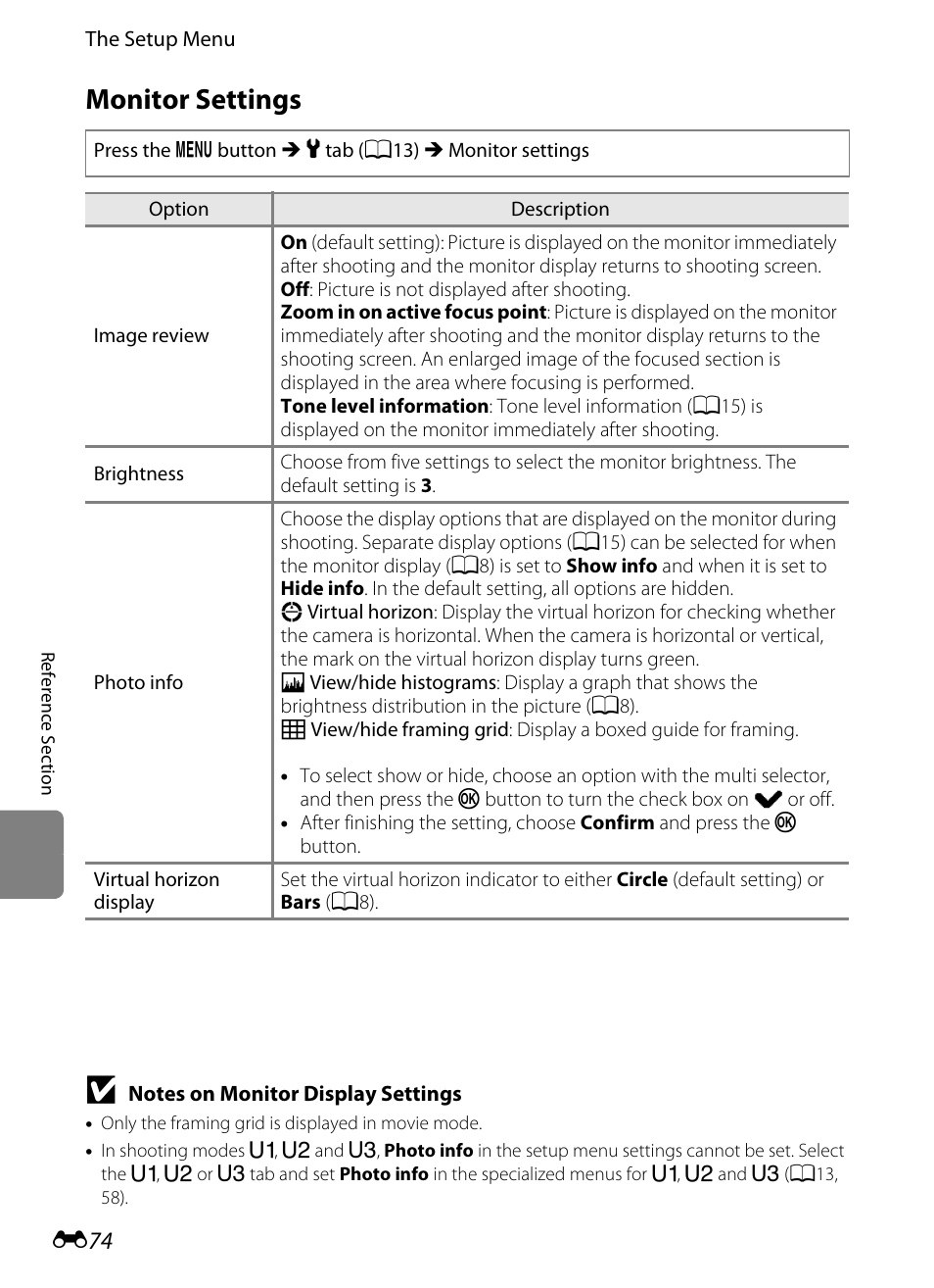 Monitor settings, E74) of, E 74 | Nikon P7100 User Manual | Page 200 / 260