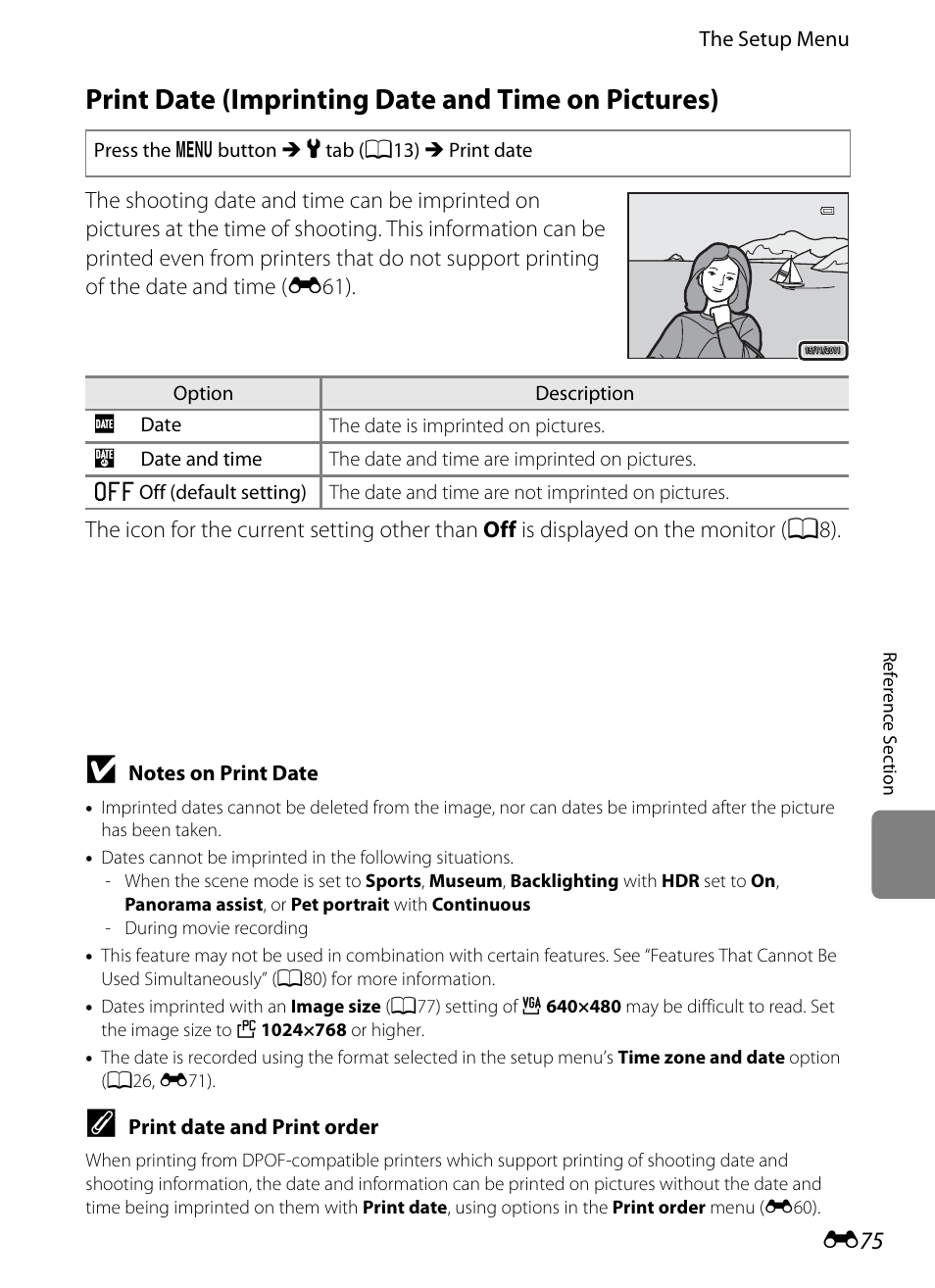 Print date (imprinting date and time on pictures), E75), E 75 | Nikon P7100 User Manual | Page 201 / 260