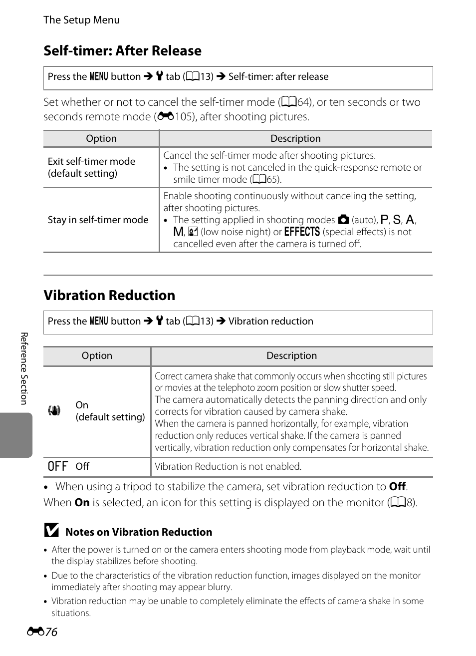 Self-timer: after release, Vibration reduction, 76) to | E 76 | Nikon P7100 User Manual | Page 202 / 260