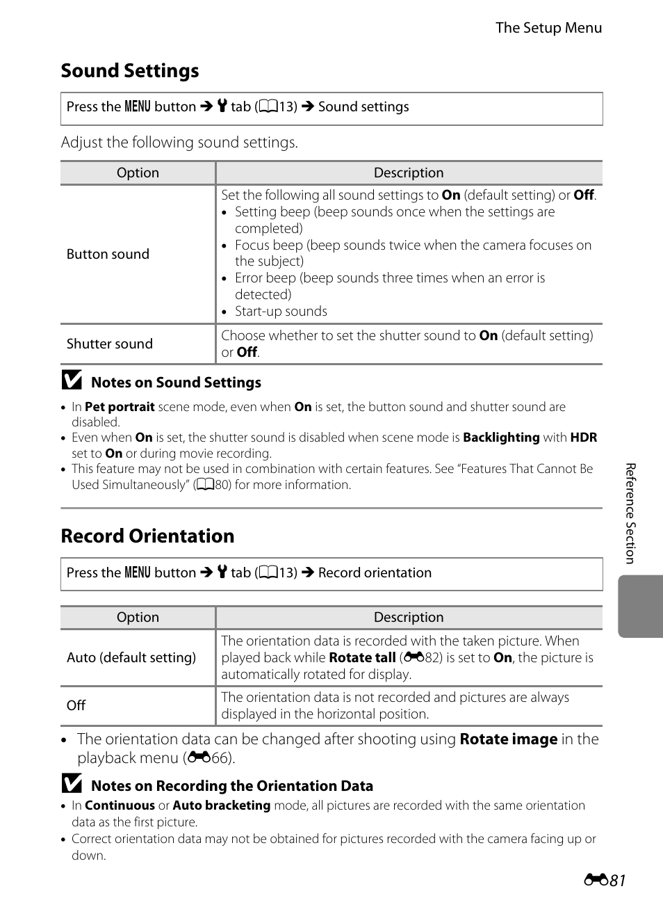 Sound settings, Record orientation, E 81 | Nikon P7100 User Manual | Page 207 / 260