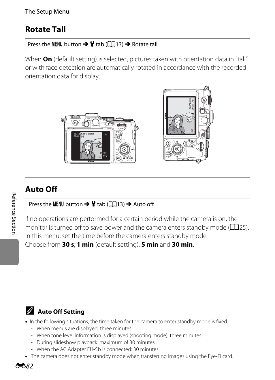 Rotate tall, Auto off, E82) trig | E82), E 82, The setup menu, Auto off setting, Re fere nce s ect io n | Nikon P7100 User Manual | Page 208 / 260