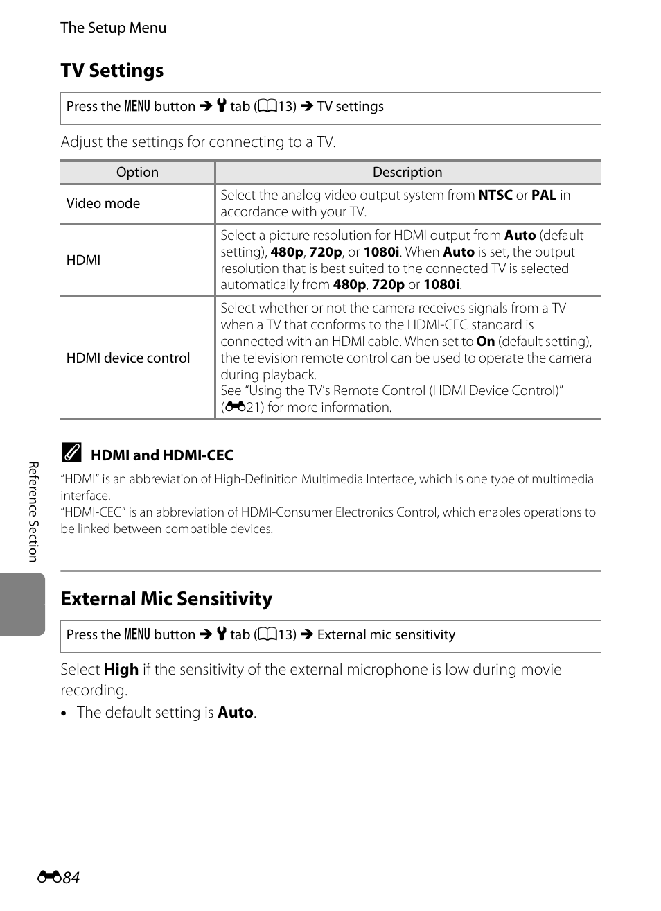 Tv settings, External mic sensitivity, E84) | Nikon P7100 User Manual | Page 210 / 260