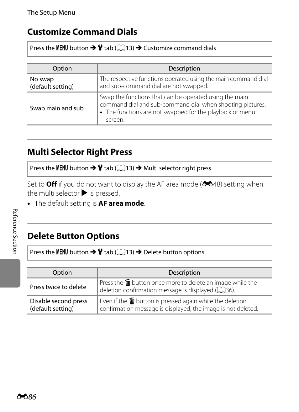 Customize command dials, Multi selector right press, Delete button options | Ee “customize command dials, Customize command dials multi selector right press | Nikon P7100 User Manual | Page 212 / 260