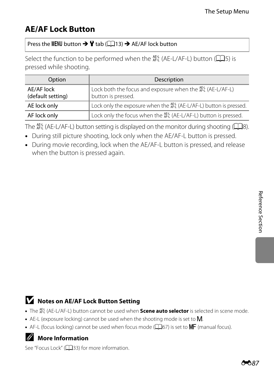 Ae/af lock button, E 87 | Nikon P7100 User Manual | Page 213 / 260