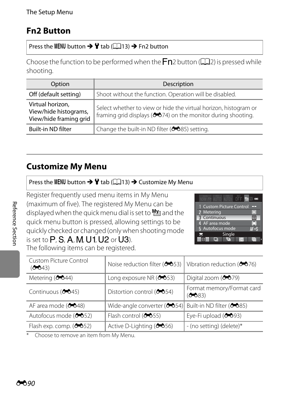 Fn2 button, Customize my menu, E 90 | Nikon P7100 User Manual | Page 216 / 260