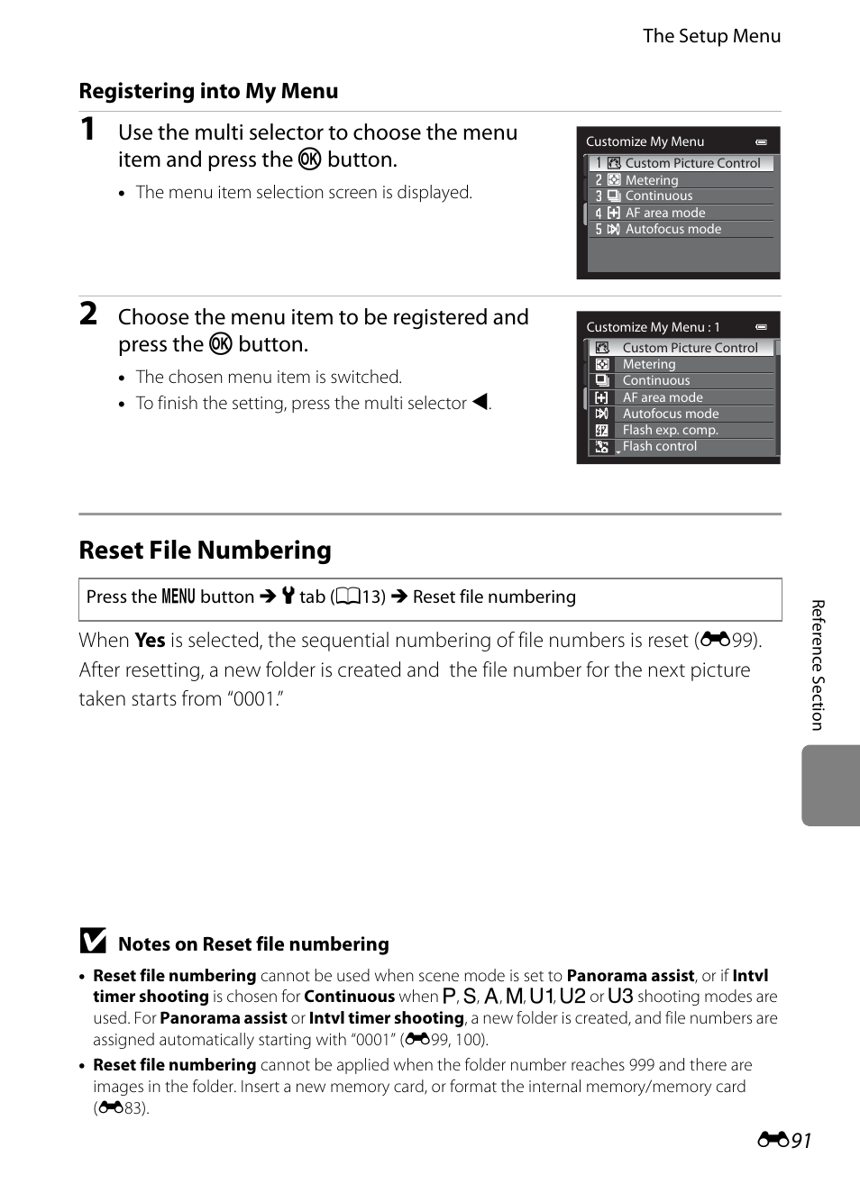 Reset file numbering, E 91, Registering into my menu | Nikon P7100 User Manual | Page 217 / 260