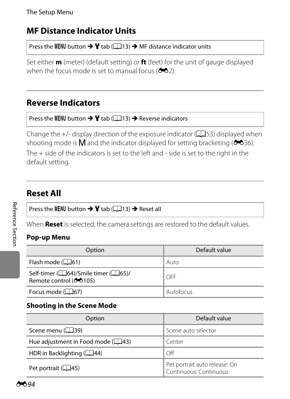 Mf distance indicator units, Reverse indicators, Reset all | E94) in the | Nikon P7100 User Manual | Page 220 / 260