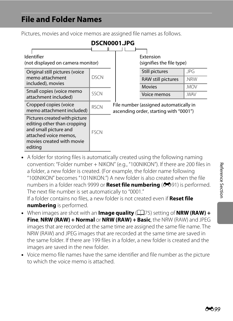 File and folder names, Ee “file and folder names, E99) | E “file and folder names, Th “0001, Dscn 0001.jpg | Nikon P7100 User Manual | Page 225 / 260