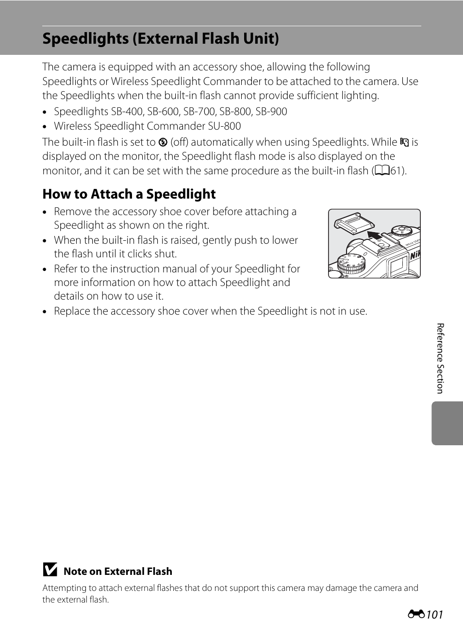 Speedlights (external flash unit), How to attach a speedlight, E101 | E101) (av, E101) attached to the camera’s accessory shoe | Nikon P7100 User Manual | Page 227 / 260