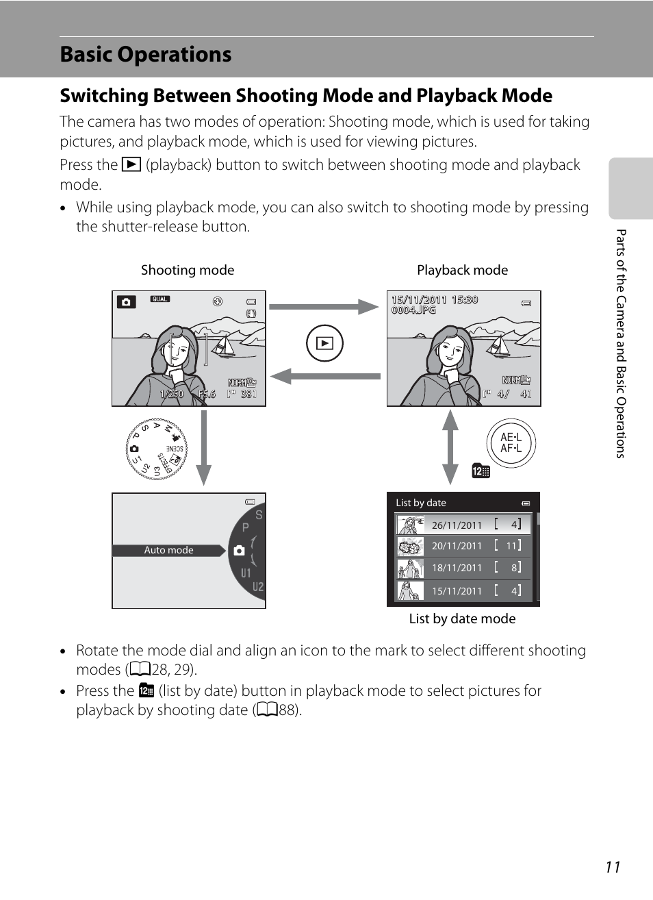 Basic operations, Switching between shooting mode and playback mode | Nikon P7100 User Manual | Page 29 / 260