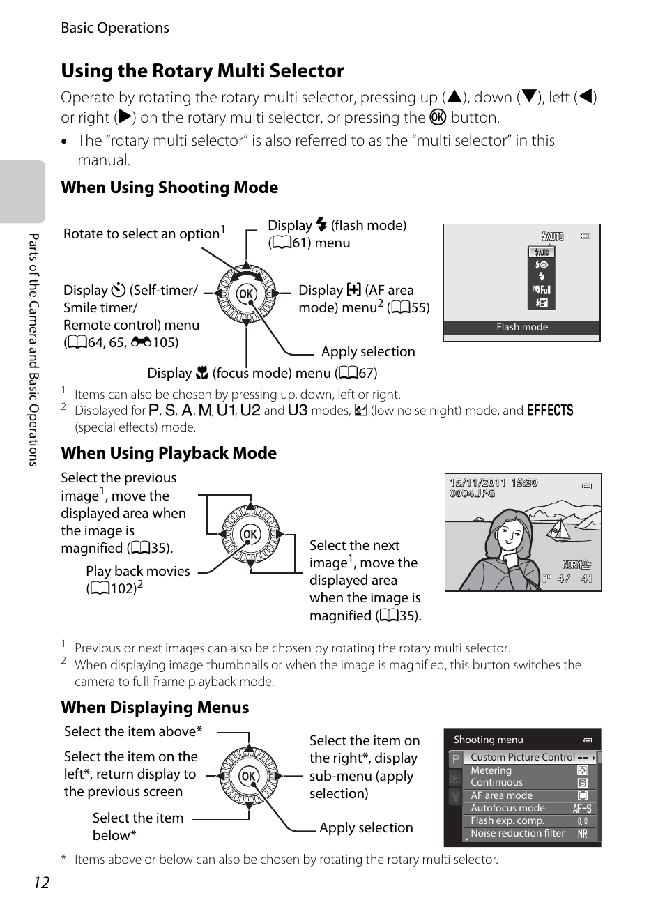 Using the rotary multi selector, When using shooting mode, When using playback mode | When displaying menus | Nikon P7100 User Manual | Page 30 / 260