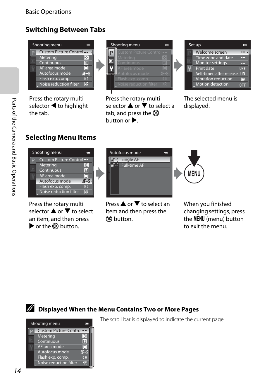 Switching between tabs selecting menu items, Basic operations, Displayed when the menu contains two or more pages | Nikon P7100 User Manual | Page 32 / 260