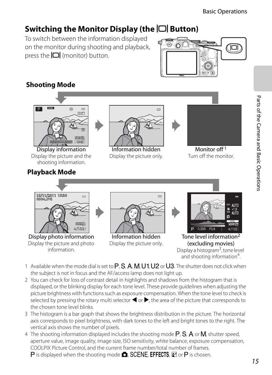 Switching the monitor display (the monitor button), Switching the monitor display (the, X button) | Switching the monitor display (the x button), Shooting mode, Playback mode, Basic operations | Nikon P7100 User Manual | Page 33 / 260