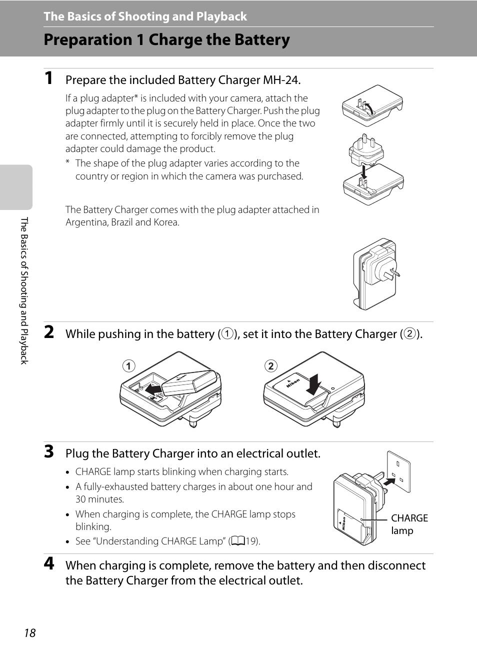 Preparation 1 charge the battery, The basics of shooting and playback, The basics of shooting | And playback | Nikon P7100 User Manual | Page 36 / 260