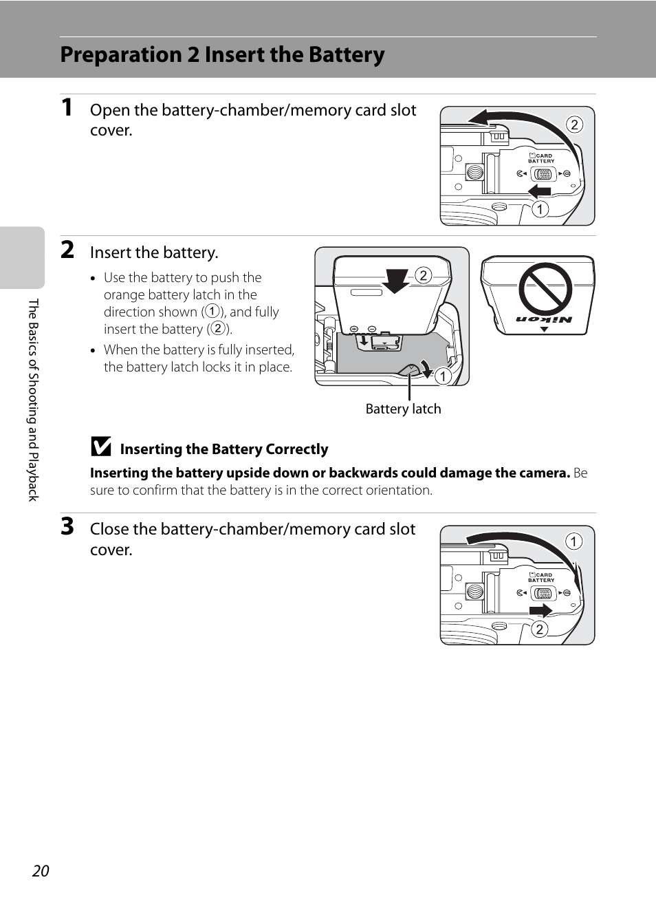 Preparation 2 insert the battery | Nikon P7100 User Manual | Page 38 / 260