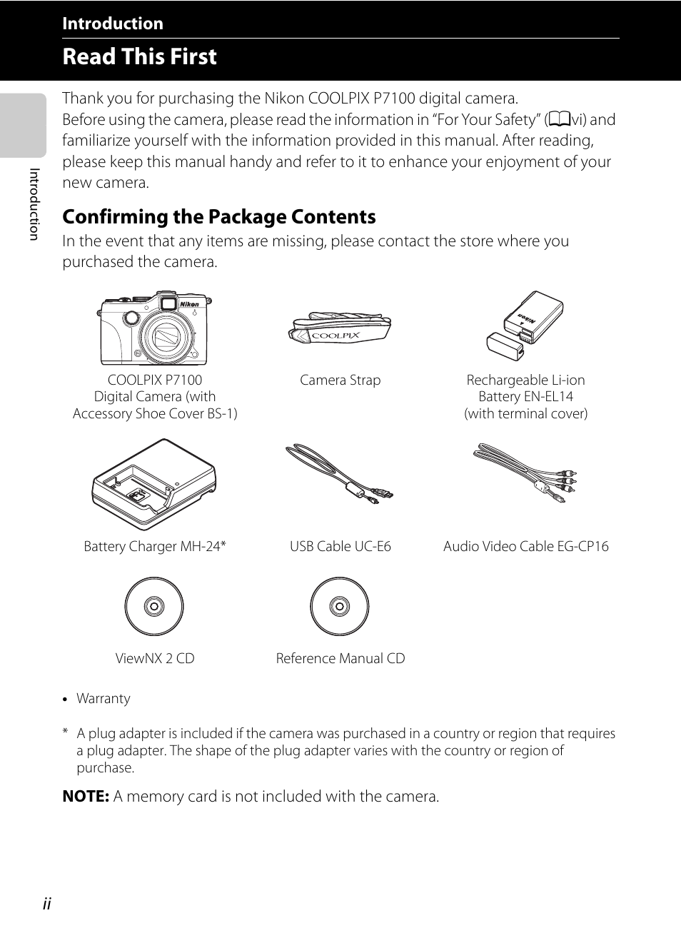 Introduction, Read this first, Confirming the package contents | Nikon P7100 User Manual | Page 4 / 260