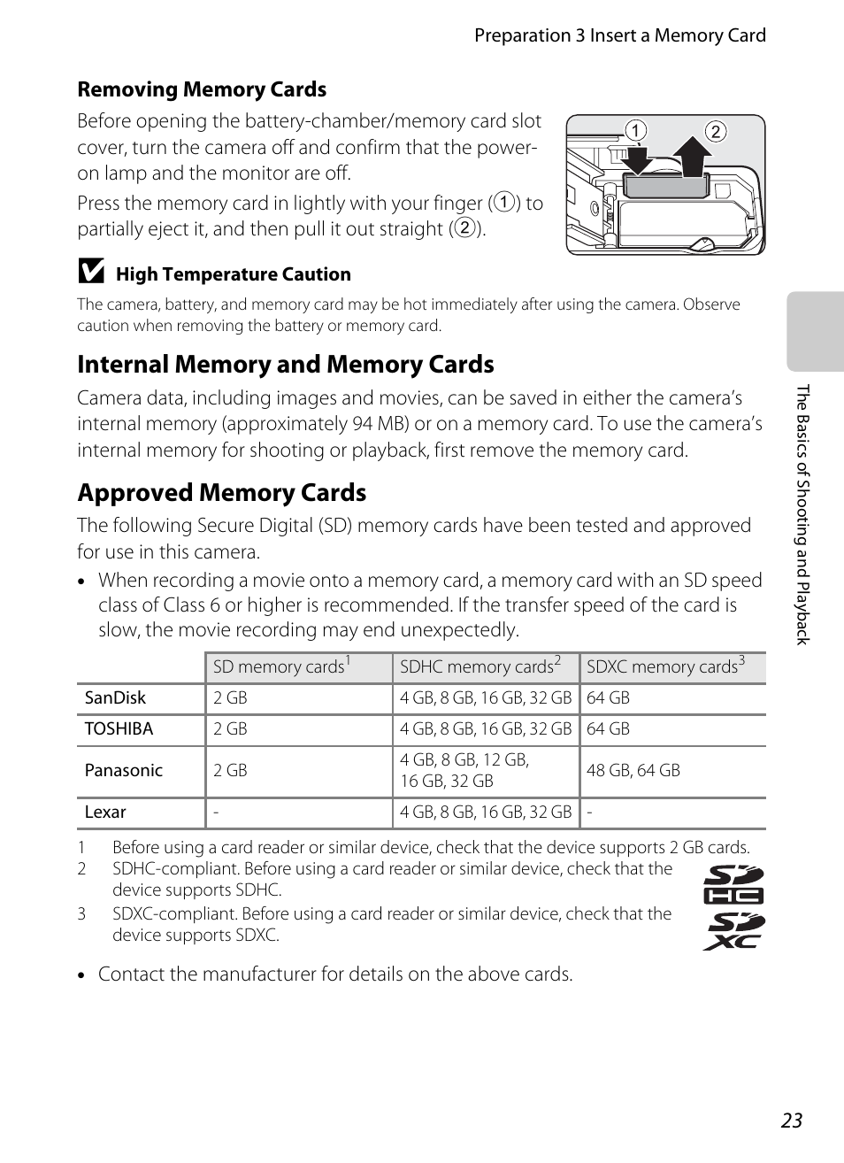 Internal memory and memory cards, Approved memory cards | Nikon P7100 User Manual | Page 41 / 260