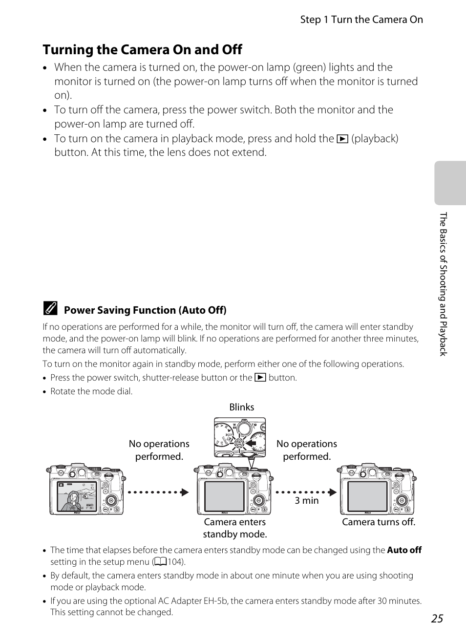 Turning the camera on and off, Step 1 turn the camera on, Power saving function (auto off) | Nikon P7100 User Manual | Page 43 / 260