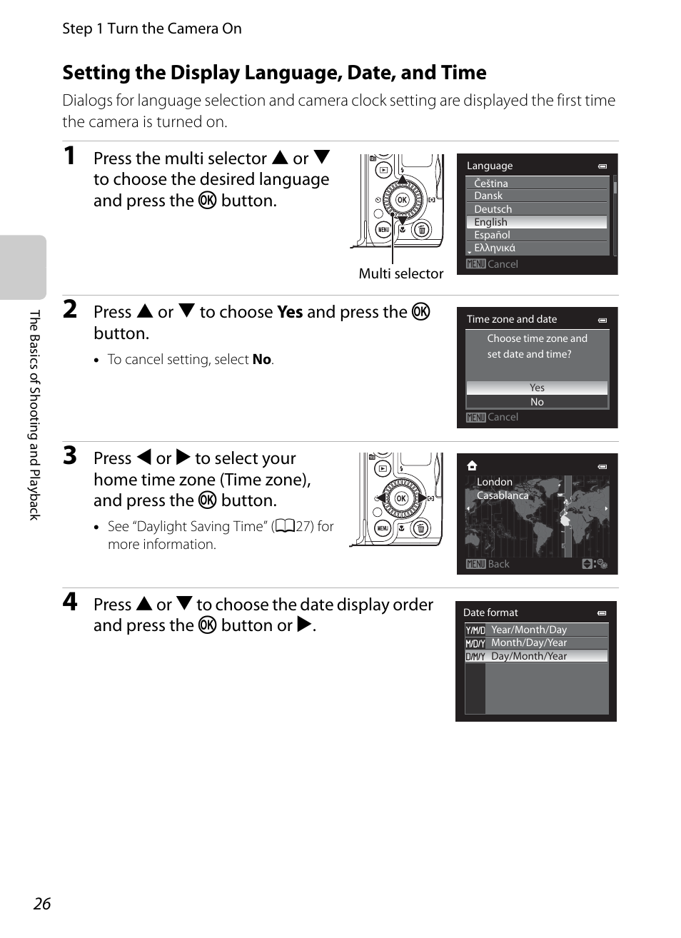 Setting the display language, date, and time | Nikon P7100 User Manual | Page 44 / 260