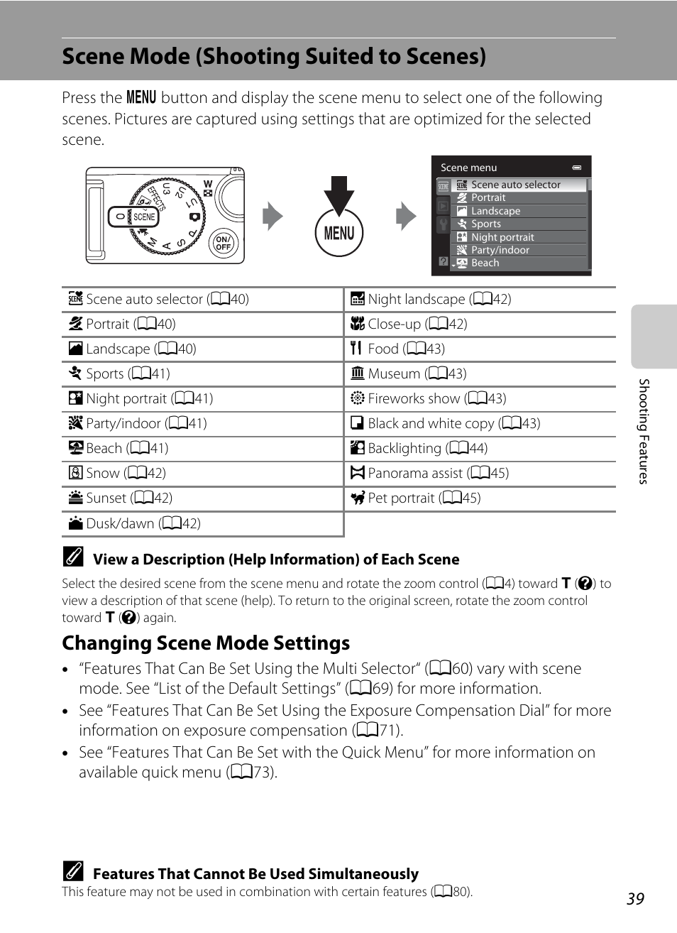 Scene mode (shooting suited to scenes), Changing scene mode settings, Nu tab | A39) | Nikon P7100 User Manual | Page 57 / 260