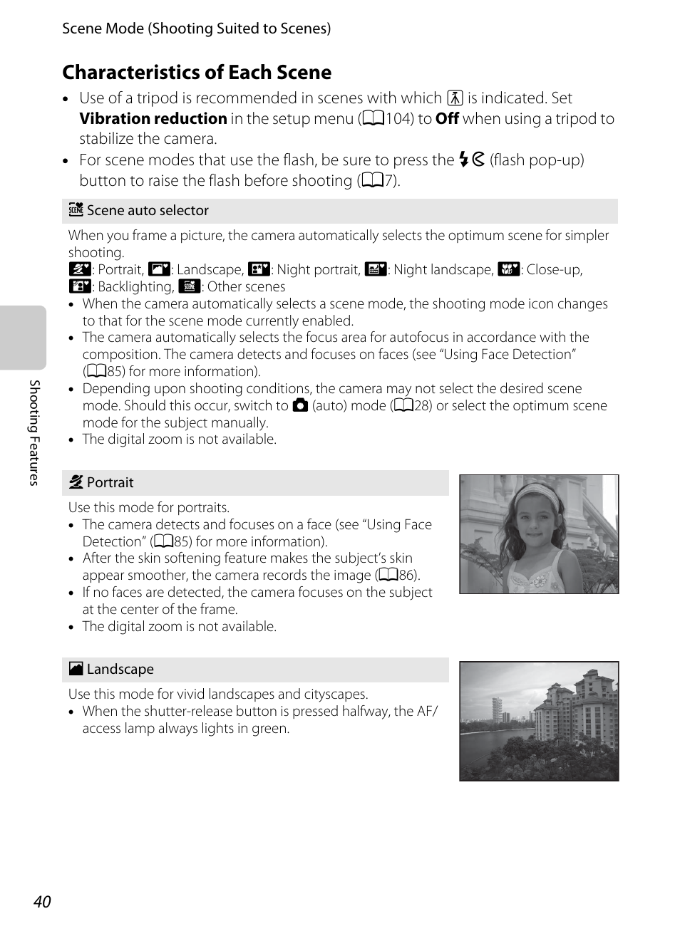 Characteristics of each scene, A40), R (a40) | Pe (a40) | Nikon P7100 User Manual | Page 58 / 260