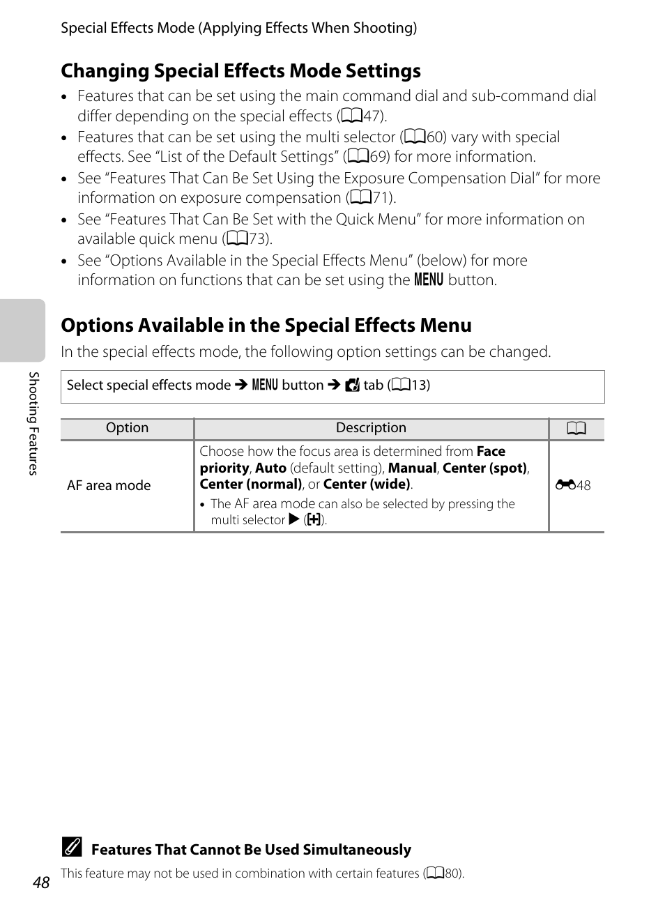 Changing special effects mode settings, Options available in the special effects menu | Nikon P7100 User Manual | Page 66 / 260