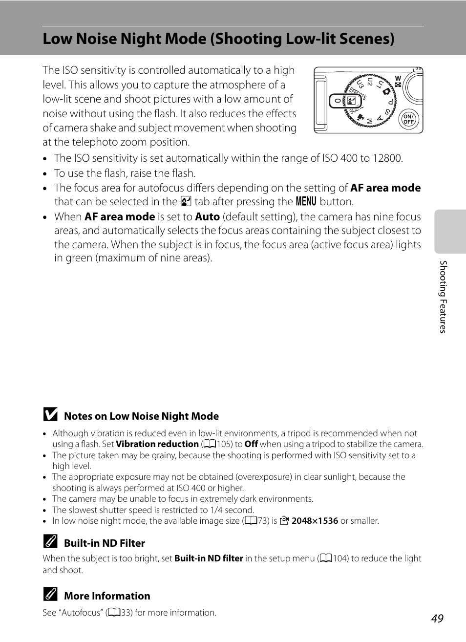 Low noise night mode (shooting low-lit scenes) | Nikon P7100 User Manual | Page 67 / 260