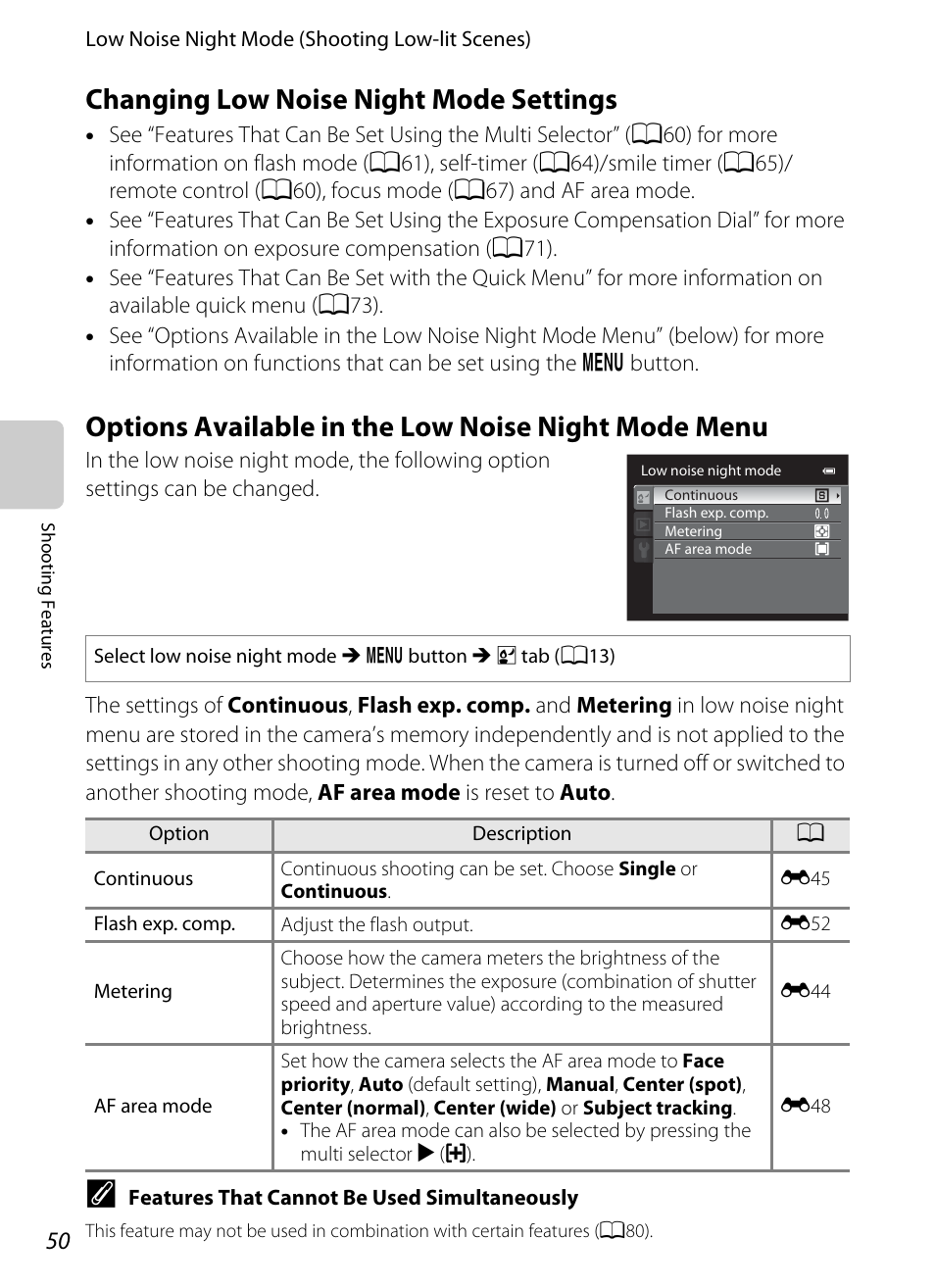 Changing low noise night mode settings, Options available in the low noise night mode menu, A50) | Nikon P7100 User Manual | Page 68 / 260