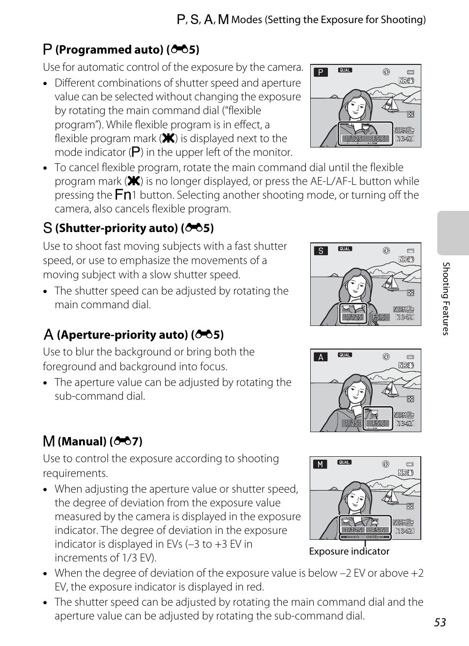 A53), A (programmed auto) ( e 5 ), B (shutter-priority auto) ( e 5) | C (aperture-priority auto) ( e 5), D (manual) ( e 7 ) | Nikon P7100 User Manual | Page 71 / 260