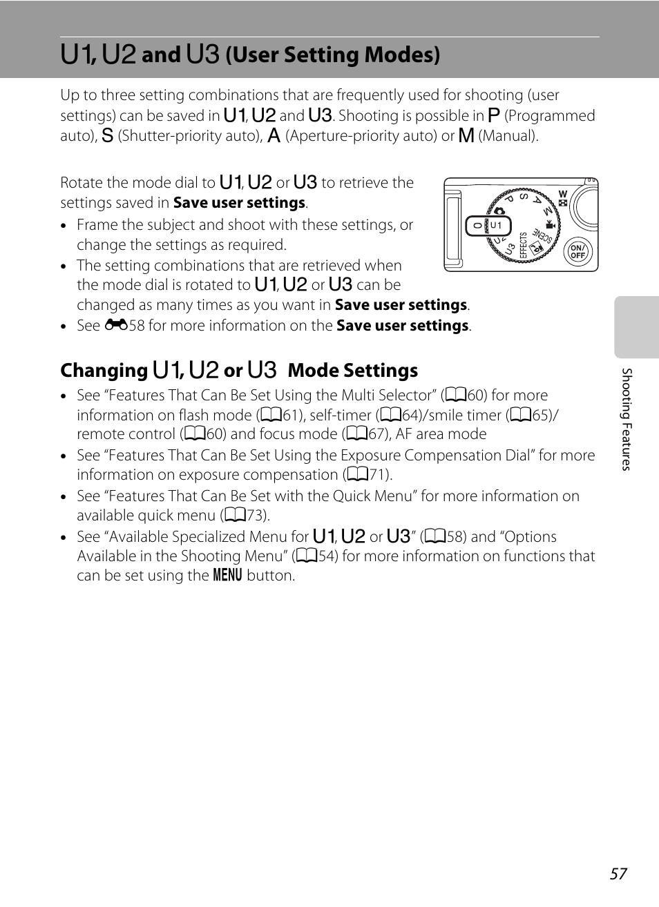 U1, u2 and u3 (user setting modes), Changing u1, u2 or u3 mode settings, E, f and n (user setting modes) | Changing, E, f or n mode settings, E , f and n (user setting modes), Changing e , f or n mode settings | Nikon P7100 User Manual | Page 75 / 260