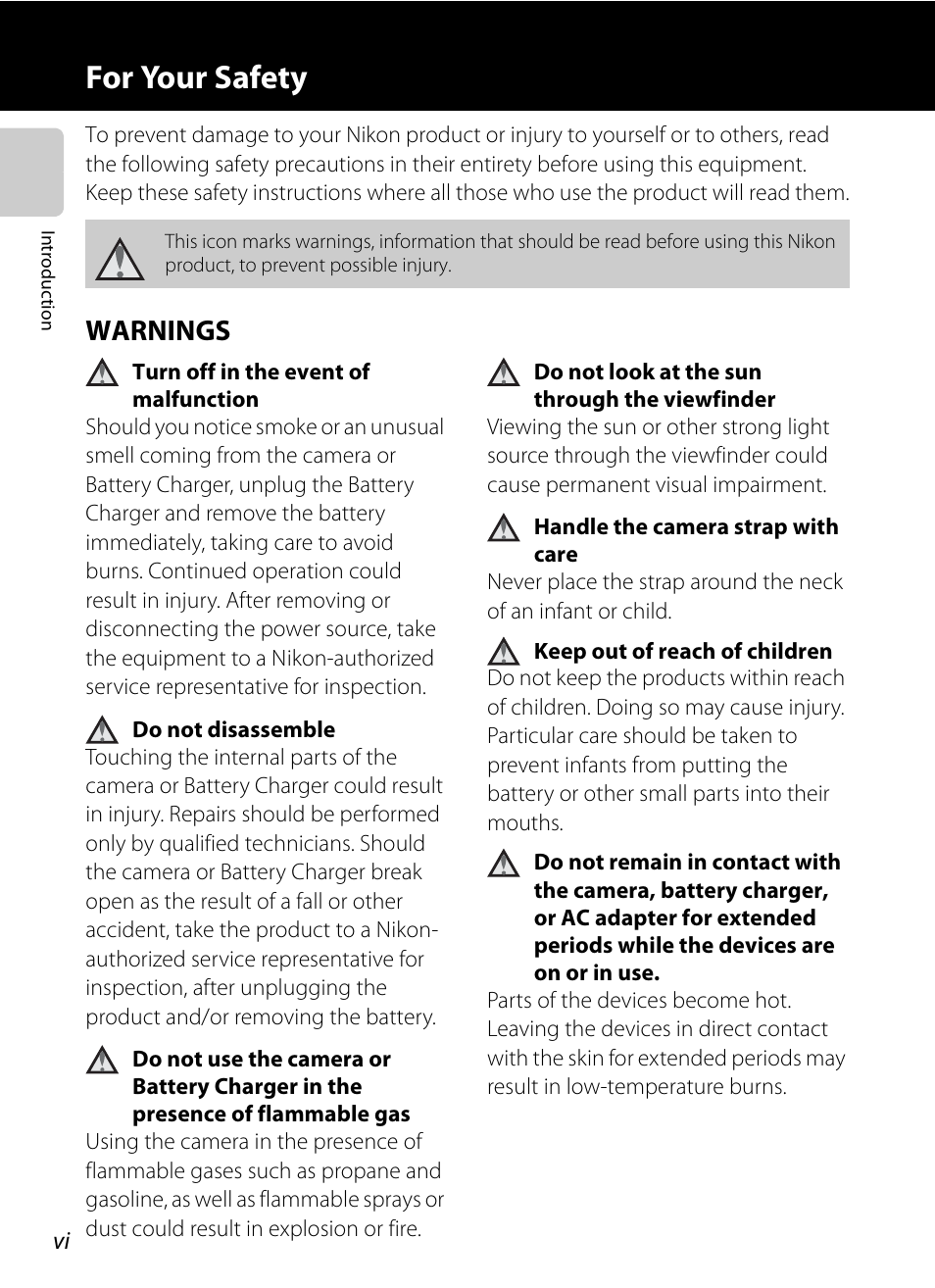 For your safety, Warnings | Nikon P7100 User Manual | Page 8 / 260
