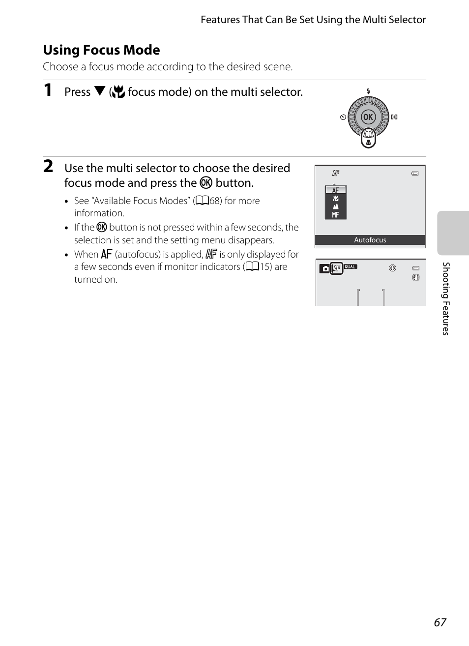 Using focus mode, A67), A67), af area mod | Nikon P7100 User Manual | Page 85 / 260