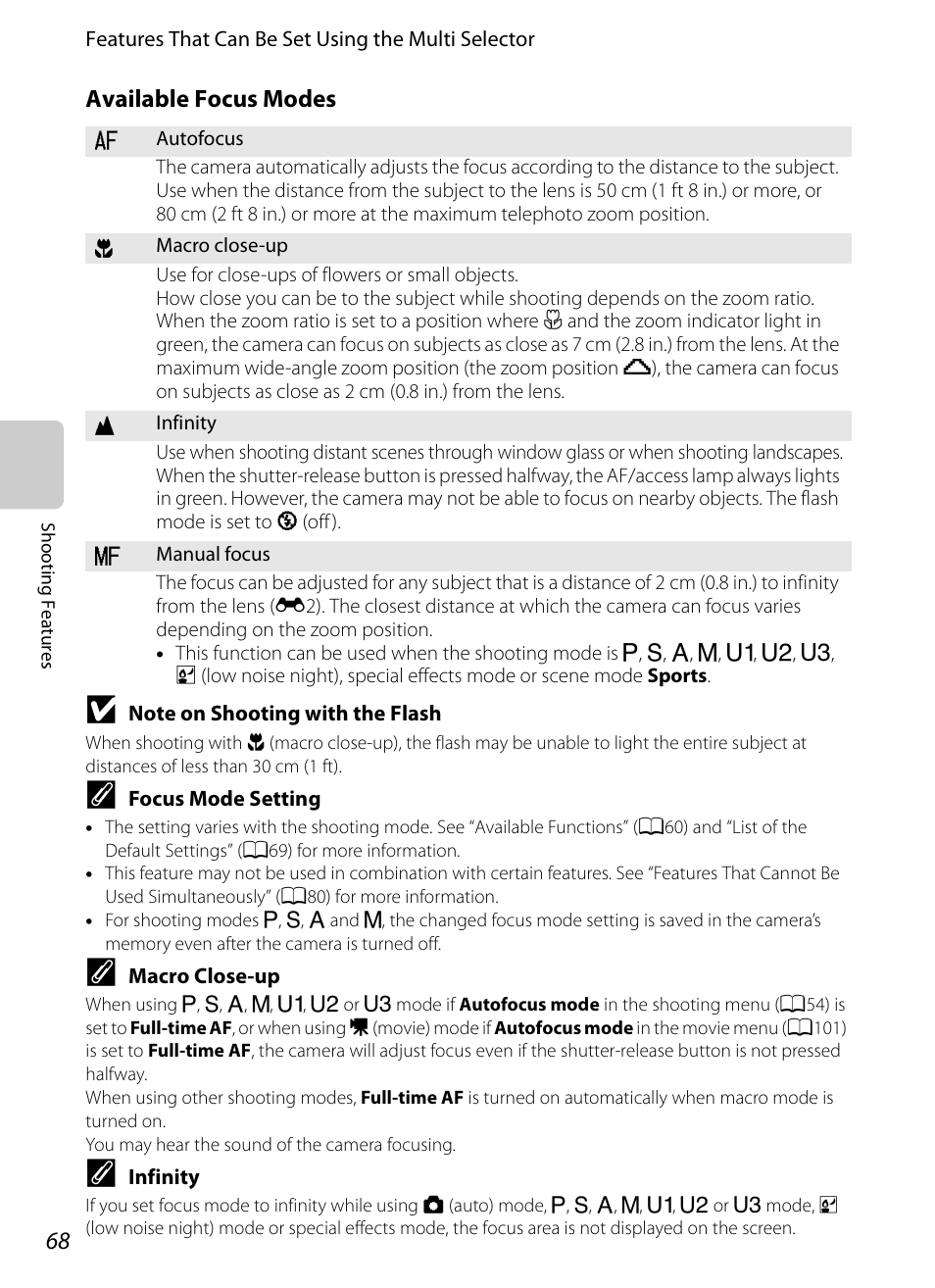 A68) in, Available focus modes, A68) f | Nikon P7100 User Manual | Page 86 / 260