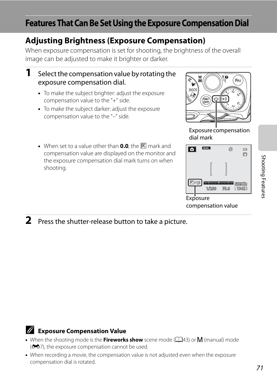 Adjusting brightness (exposure compensation), A71) | Nikon P7100 User Manual | Page 89 / 260