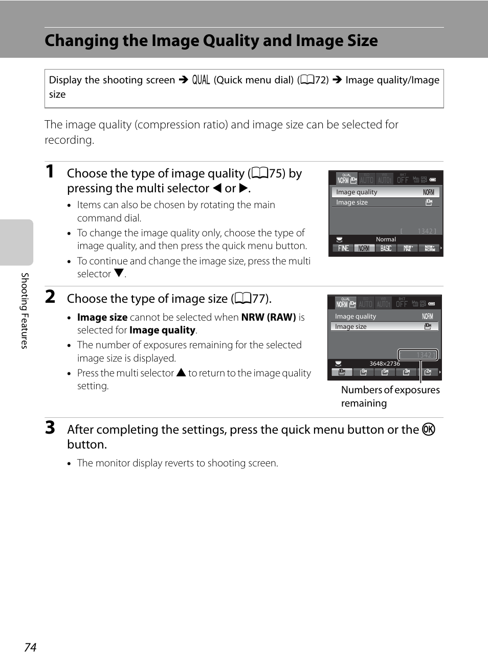 Changing the image quality and image size, A74). the defa | Nikon P7100 User Manual | Page 92 / 260