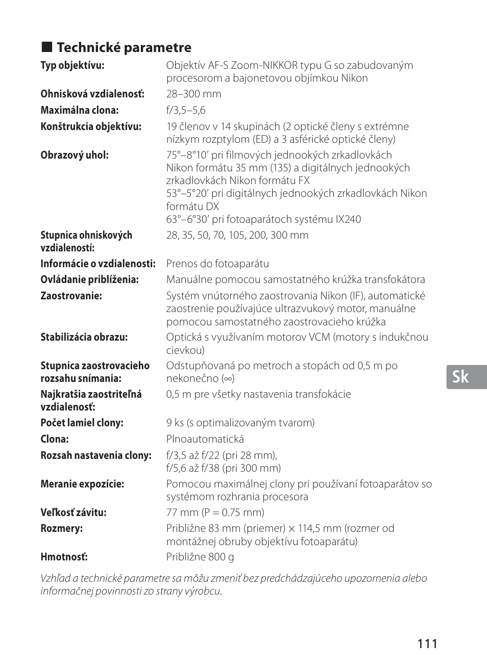 Jp en de fr es se ru nl it sk sk kr | Nikon AF-S VR 28-300mm f-3.5-5.6GED User Manual | Page 111 / 152