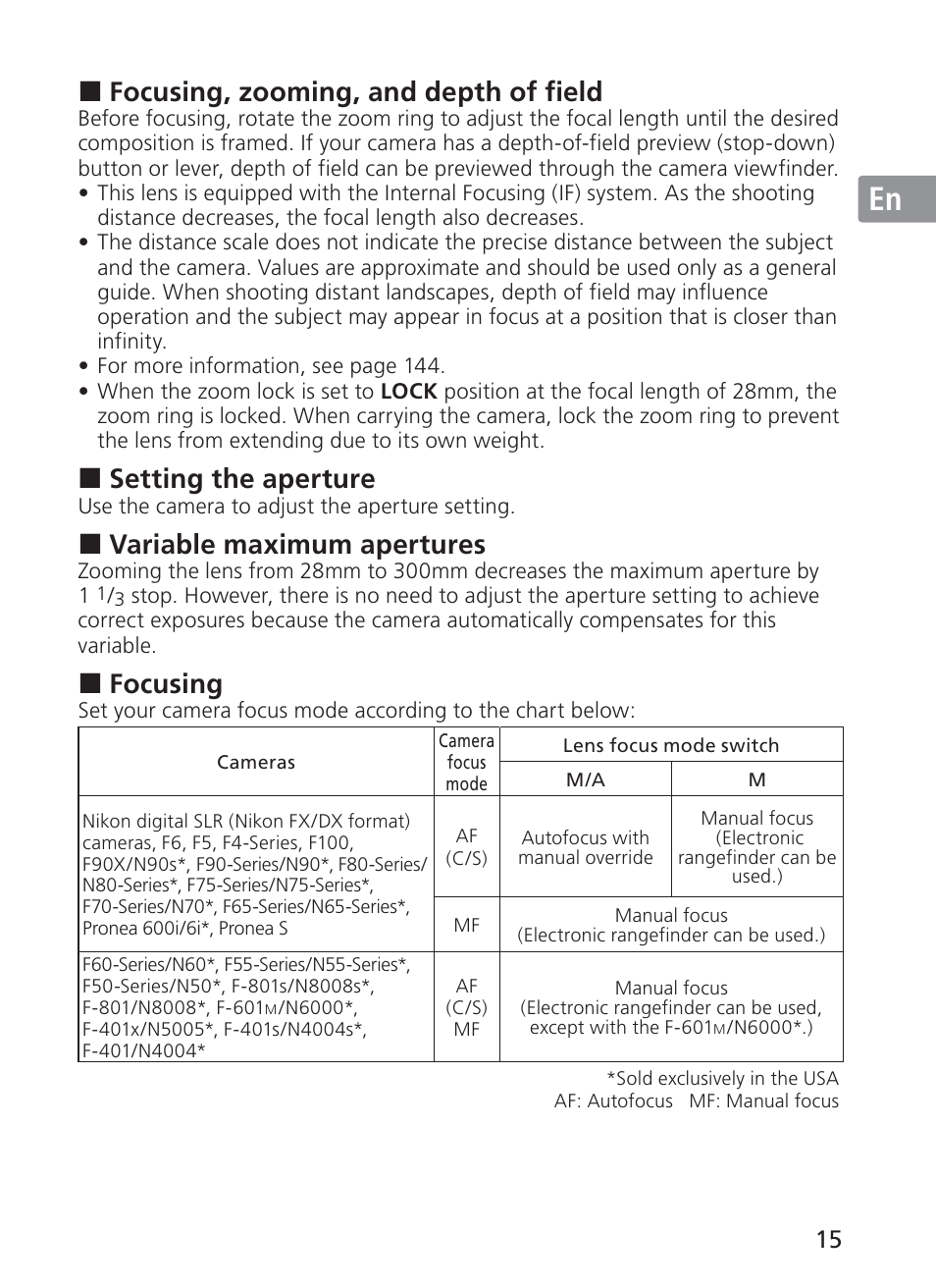 Jp en de fr es se ru nl it ck ch kr, Focusing, zooming, and depth of field, Setting the aperture | Variable maximum apertures, Focusing | Nikon AF-S VR 28-300mm f-3.5-5.6GED User Manual | Page 15 / 152